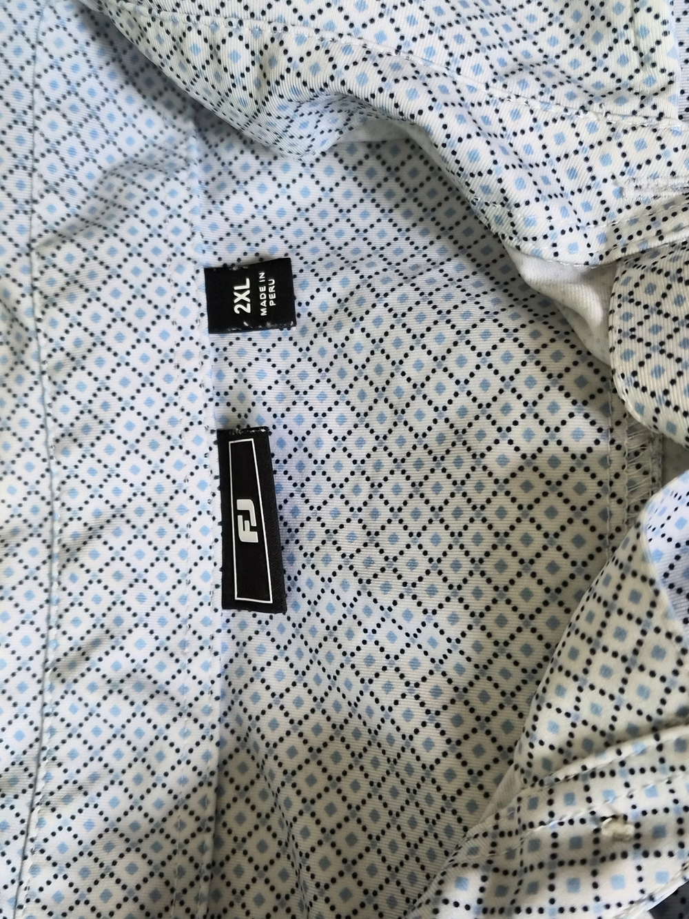 FootJoy Men’s White Button-Down Shirt with Blue Diamond Print